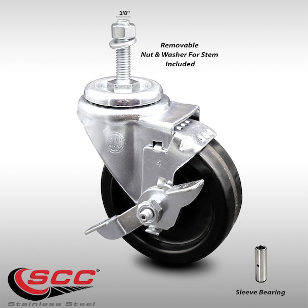 4 Inch SS Phenolic Wheel Swivel 3/8 Inch Threaded Stem Caster with Brake SCC